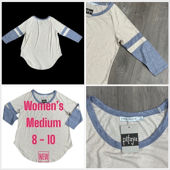 Women's Pitaya Medium 8 - 10 Crewneck Shirt Tan Gray Baseball Tee Raglan Stretch - Picture 1 of 8